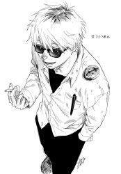 1boy black_hair black_pants black_shirt blonde_hair cigarette greyscale hand_in_pocket highres long_hair long_sleeves mokumokuren_(mokmok_len) monochrome multicolored_hair object_in_pocket open_mouth pants pen_in_pocket shirt simple_background smile solo sunglasses tanaka_(hikaru_ga_shinda_natsu) two-tone_hair white_background white_shirt