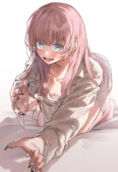 1girl blue_eyes breasts claws downblouse fang funa2001 hair_down highres long_hair naked_shirt nanakusa_nazuna_(yofukashi_no_uta) pink_hair shirt small_breasts solo yofukashi_no_uta