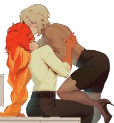 Rule 34 | 2400db, 2girls, absurdres, alternate skin color, belt, black belt, black footwear, black pants, black skirt, blonde hair, blue eyes, blush, braid, bright pupils, brown pantyhose, brown sweater, business casual, couple, dark-skinned female, dark skin, faust (project moon), hand on another&#039;s neck, high heels, highres, interracial, ishmael (project moon), kiss, limbus company, multiple girls, orange hair, pants, pantyhose, pencil skirt, project moon, pumps, shirt, short hair, simple background, single braid, sitting, skirt, standing, sweater, turtleneck, turtleneck sweater, white background, white pupils, white shirt, yuri