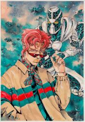 Rule 34 | 1boy, absurdres, alternate costume, araki hirohiko (style), armor, border, commentary, compound eyes, earrings, english commentary, gucci, highres, jacket, jewelry, jojo no kimyou na bouken, kakyoin noriaki, male focus, mask, mouth mask, multicolored neckerchief, neckerchief, painting (medium), red-tinted eyewear, red hair, signature, stand (jojo), stardust crusaders, sunglasses, tinted eyewear, traditional media, watercolor (medium), white armor, white border, white mask, xfkart, yellow eyes, yellow jacket