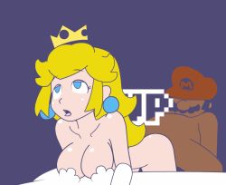 1boy 1girl 1up animated animated_gif blue_eyes bouncing_breasts breasts crown doggystyle earrings facial_hair gameplay_mechanics hat hetero jewelry leaning_forward mario mario_(series) minuspal mustache nintendo nude orgasm princess_peach purple_background sex sex_from_behind simple_background super_mario_bros._1 text_focus