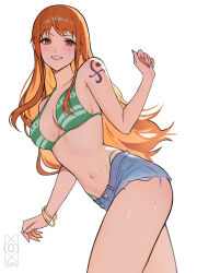 1girl absurdres alternate_breast_size arm_tattoo bikini bikini_under_shorts bracelet breasts brown_eyes cutoffs denim denim_shorts gold_bracelet green_bikini green_nails grin highres jewelry medium_breasts nami_(one_piece) navel one_piece orange_hair quilm short_shorts shorts simple_background smile solo stomach swimsuit tattoo thighs white_background