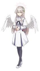 1girl absurdres angel_wings black_neckerchief black_pantyhose blonde_hair blue_archive buttons commentary feathered_wings full_body gatling_gun halo high_heels highres long_hair minigun nagisa_(blue_archive) neckerchief open_mouth pantyhose pink_halo simple_background smile solo wang_jian_guo white_background white_wings wings yellow_eyes