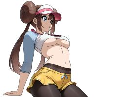 1girl black_pantyhose blue_eyes breasts clothes_lift creatures_(company) devil_jone_qrit donut_hair_bun double_bun game_freak hair_bun large_breasts long_hair long_sleeves navel nintendo pantyhose pantyhose_under_shorts parted_lips pokemon pokemon_bw2 rosa_(pokemon) shirt_lift shorts sitting solo stomach transparent_background twintails underboob very_long_hair visor_cap yellow_shorts