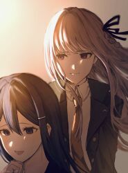 Rule 34 | 2girls, absurdres, ao no tori (aonotori), black jacket, black ribbon, danganronpa: trigger happy havoc, danganronpa (series), hair ornament, hair ribbon, hairclip, highres, jacket, kirigiri kyoko, long hair, maizono sayaka, multiple girls, necktie, open clothes, open jacket, orange necktie, purple eyes, ribbon, shirt, smile, upper body, white shirt