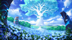 1girl blue_flower blue_sky chinnkun cloud dress fantasy flower from_behind giant_tree grass landscape meadow mountainous_horizon original painterly rock runes signature sky tree white_dress white_tree