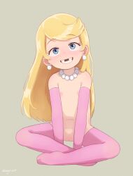 1girl abajur blonde_hair blue_eyes blush clitoral_hood detached_sleeves ear_piercing earrings elbow_gloves female_focus flat_chest full_body gloves grin highres indian_style jewelry lola_loud loli long_hair looking_at_viewer missing_tooth navel necklace nipples nude pearl_necklace piercing pink_thighhighs pussy sitting smile solo teeth the_loud_house thighhighs tooth_gap uncensored