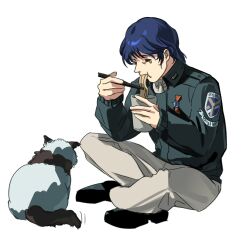 Rule 34 | 1boy, admiral (gin&#039;eiden), animal, ascot, black shoes, blue hair, blue jacket, brown pants, cat, chopsticks, closed eyes, closed mouth, collared jacket, cup, cup ramen, eating, erhuazi917, food, full body, ginga eiyuu densetsu, hand up, highres, holding, holding chopsticks, holding cup, indian style, insignia, jacket, long sleeves, male focus, military jacket, military uniform, noodles, pants, patch, ramen, shoes, short hair, shoulder boards, shoulder patch, simple background, sitting, tearing clothes, torn clothes, white ascot, white background, wing collar, yang wen-li