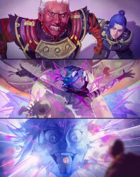 Rule 34 | 3girls, absurdres, ambessa medarda, arcane: league of legends, arcane caitlyn, arcane jinx, bandaged hand, bandages, black gloves, black jacket, black pants, blue eyes, brown eyes, caitlyn (league of legends), evil smile, facepaint, gloves, grey hair, hair bun, hieumay, highres, jacket, jinx (league of legends), league of legends, megamind (movie), multicolored hair, multiple girls, pants, parody, pink eyes, purple hair, scar, scar on face, scene reference, shirt, short hair, single glove, smile, teeth, tongue, tongue out, two-tone hair, white shirt