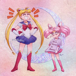 Rule 34 | absurdres, bishoujo senshi sailor moon, blonde hair, blue sailor collar, boots, bow, brooch, choker, circlet, closed eyes, cone hair bun, crescent, double bun, earrings, elbow gloves, gloves, hair bun, hair ornament, hands on own hips, heart, heart brooch, highres, jewelry, laughing, long hair, magical girl, pink boots, pink hair, red boots, red bow, red eyes, rosizoitsa, sailor chibi moon, sailor collar, sailor moon, sailor senshi uniform, shirt, skirt, smile, t-shirt, twintails, white gloves