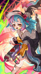 1girl :d absurdres arknights asymmetrical_gloves blue_hair brown_eyes gloves gun highres holding holding_gun holding_weapon kourou_(kouroukun) looking_at_viewer mismatched_gloves multicolored_hair open_mouth pink_gloves pink_hair smile thick_eyebrows tippi_(arknights) two-tone_hair v-shaped_eyebrows weapon yellow_gloves
