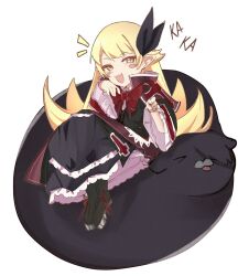 1girl arc_system_works black_boots black_dress black_ribbon blazblue blonde_hair boots bow bowtie child cosplay dot_nose dress eyebrows_hidden_by_hair fang female_focus full_body hair_ribbon hand_on_own_face hand_up highres knees_up kusogaki laughing legs_together long_hair long_sleeves looking_at_viewer matching_hair/eyes meemz_a monogatari_(series) multicolored_dress open_mouth oshino_shinobu pointing pointing_at_viewer pointy_ears rachel_alucard rachel_alucard_(cosplay) red_bow red_bowtie red_dress ribbon simple_background sitting skin_fang smile smug solo vampire white_background white_dress wide_sleeves yellow_eyes