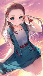 1girl adjusting_hair belt blue_eyes blue_skirt blue_vest brown_hair collarbone dutch_angle frilled_sleeves frills hair_ornament hairpin heaven_burns_red highres jewelry long_hair looking_at_viewer necklace official_art ooshima_niina outdoors parted_lips red_belt shallow_water shirt short_sleeves skirt skirt_hold solo suimya upper_body vest wading water white_shirt