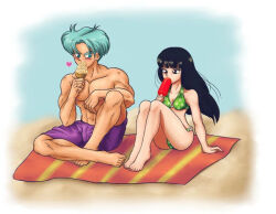 1boy 1girl beach black_eyes black_hair blue_eyes blue_hair blush couple dragon_ball dragon_ball_super food heart ice_cream long_hair mai_(future)_(dragon_ball) muscular muscular_male sand short_hair swimsuit trunks_(dragon_ball) trunks_(future)_(dragon_ball)