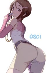 Rule 34 | 1girl, absurdres, ass, belt, brown hair, digimon, digimon adventure 02, elbow gloves, fingerless gloves, gloves, highres, huge ass, looking at viewer, looking back, multicolored shirt, pink gloves, pink shirt, seductive smile, shirt, short hair, shorts, sidelocks, sleeveless, sleeveless shirt, smile, solo, ter (otokoter), whistle, white shirt, yagami hikari, yellow shorts