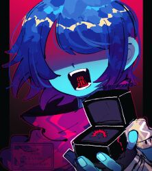 1other artist_name blue_hair blue_skin box colored_skin commentary_request deltarune holding holding_box jewelry kris_(dark_world)_(deltarune) kris_(deltarune) open_mouth other_focus partially_shaded_face repikinoko ring ring_box short_hair signature solo text_in_mouth thorn_ring_(deltarune) translated twitter_username watermark weird_route_(deltarune)