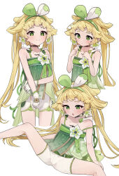 1girl blonde_hair breasts closed_mouth commentary_request dress green_dress green_eyes long_hair multiple_views open_mouth paid_reward_available pkpkpppk shorts sitting small_breasts spread_legs sundress twintails verina_(wuthering_waves) very_long_hair white_shorts wuthering_waves