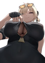 1girl black_dress black_gloves blonde_hair breasts china_dress chinese_clothes clothing_cutout dress eyewear_on_head fingerless_gloves gloves hair_over_one_eye highres large_breasts looking_at_viewer mikage_77777 orange-tinted_eyewear purple_eyes simple_background solo sunglasses sweety_(zenless_zone_zero) tinted_eyewear white_background zenless_zone_zero