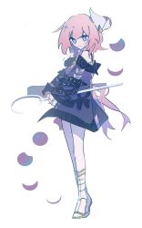 Rule 34 | 1girl, absurdres, bare shoulders, blue eyes, ceremonial blade (honkai: star rail), coat, cyrene (honkai: star rail), full body, hair ornament, highres, holding, holding staff, honkai: star rail, honkai (series), hstni, legs, looking at viewer, medium hair, pink hair, purple coat, sandals, simple background, solo, staff, white background