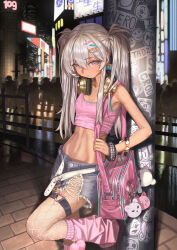 1girl absurdres bag bare_shoulders belt billboard breasts closed_mouth commentary cowboy_shot crop_top crowd dark-skinned_female dark_skin denim denim_shorts expressionless fashion fishnet_pantyhose fishnets grey_eyes grey_hair hair_between_eyes hair_ornament hairclip headphones headphones_around_neck heart heart_o-ring heisei_retro highres holding_strap leaning_on_object long_hair looking_at_viewer loose_socks midriff naruto_maki_(naruto05) navel night o-ring o-ring_thigh_strap open_belt original outdoors pantyhose pink_bag pink_shirt pink_socks real_world_location shibuya_(tokyo) shibuya_109 shirt short_shorts shorts shoulder_bag skinny sleeveless sleeveless_shirt small_breasts socks solo standing stomach thigh_strap tokyo_(city) torn_clothes torn_shorts twintails utility_pole white_belt