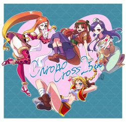 4girls aqua_background armlet arms_behind_head ass bandaged_leg bandages bare_shoulders bead_necklace beads belt blonde_hair blowing_kiss blue_eyes boots border breasts brown_belt brown_footwear brown_gloves brown_hair choker chrono_cross circlet closed_mouth crescent crop_top cropped_jacket dagger detached_sleeves dress earrings floating full_body gloves gold_earrings gold_trim green_dress green_eyes green_hairband grin hair_ornament hair_ribbon hairband jacket jewelry kid_(chrono_cross) knife leena_(chrono_cross) light_blush long_dress long_hair medium_breasts midriff miki_(chrono_cross) miniskirt multi-tied_hair multiple_girls necklace necktie off-shoulder_dress off_shoulder one_eye_closed open_mouth orange_hair orange_tunic outstretched_hand parted_bangs ponytail purple_choker purple_dress purple_hair purple_ribbon purple_socks red_eyes red_jacket red_ribbon red_skirt red_thighhighs ribbon riddel_(chrono_cross) sandals see-through_clothes see-through_skirt sheath shikiwo shirt short_sleeves sidelocks signature skirt smile snake_hair_ornament socks swept_bangs teeth thighhighs toeless_footwear tunic weapon white_border white_shirt yellow_necktie