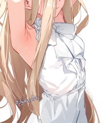 1girl absurdly_long_hair armpits arms_up artist_name bow bowtie brown_hair buttons center_frills commentary expressionless frills head_out_of_frame highres long_hair sense_(sousou_no_frieren) shirt simple_background sleeveless sleeveless_shirt solo sousou_no_frieren sydus twitter_username very_long_hair white_background white_shirt