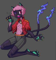 1girl artist_request cat collar collar_bell extra_breasts extra_nipples female_focus furry furry_female multiple_tails neck_bell one_eye_closed open_clothes open_mouth open_shirt pink_hair reptile shirt short_hair solo tail two_tails