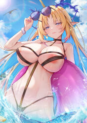 1girl absurdres backon blonde_hair blue_hair blue_sky breasts closed_mouth collarbone colored_inner_hair commentary crown_of_thorns day fingernails fleurdelys_(wuthering_waves) highres holding holding_removed_eyewear holding_swim_ring horns huge_breasts innertube long_hair looking_at_viewer multicolored_hair nail_polish navel outdoors pointy_ears purple_nails revealing_clothes single_horn sky solo stomach sunglasses swim_ring tacet_mark_(wuthering_waves) unworn_eyewear very_long_hair wet wuthering_waves yellow_horns
