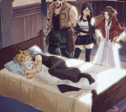 2boys 2girls :3 aerith_gainsborough barret_wallace black_hair blonde_hair body_pillow brown_hair character_doll closed_eyes cloud_strife clueless cuddling doll dress facial_hair final_fantasy final_fantasy_vii final_fantasy_vii_remake implied_yaoi indoors jacket long_hair multiple_boys multiple_girls on_bed pillow red_jacket sephiroth skirt sleeping sleeveless sleeveless_turtleneck spiked_hair tatamu thighhighs tifa_lockhart turtleneck watching