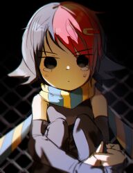 1girl bench black_bridal_gauntlets black_eyes black_hair black_shirt bridal_gauntlets expressionless hair_ornament hairclip highres hugging_own_legs jaibus knives_chau looking_at_viewer multicolored_hair night red_hair scarf scott_pilgrim_(series) scott_pilgrim_takes_off shirt short_hair sitting sleeveless solo tears two-tone_scarf