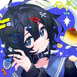 Rule 34 | 1girl, bandaid, bandaid on hand, black collar, black hair, black shirt, blue background, blue eyes, blue sailor collar, blush, cherry, closed mouth, collar, collarbone, commentary request, dotted line, flower in eye, food, fruit, grey nails, grid background, hair between eyes, hair ornament, hairclip, hand up, long sleeves, nail polish, original, plate, prophet chu, pudding, puffy long sleeves, puffy sleeves, sailor collar, school uniform, serafuku, shirt, solo, star (symbol), symbol in eye, upper body, watermark, x hair ornament