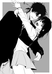 1boy 1girl :d black_hair blunt_bangs blush border cheng_xiaoshi collared_shirt cowboy_shot grey_background greyscale grin hair_between_eyes happy hetero highres hug jacket long_hair long_sleeves looking_at_viewer medium_hair monochrome necktie nnzie one_eye_closed open_mouth outside_border pants pleated_skirt ponytail qiao_ling shiguang_dailiren shirt short_hair short_ponytail simple_background skirt sleeves_past_wrists smile sparkle teeth twitter_username upper_teeth_only white_border wink