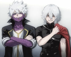 Rule 34 | 2boys, ametaro (ixxxzu), bags under eyes, belt, black belt, black bodysuit, blue eyes, bodysuit, boku no hero academia, burn scar, cape, cape grab, clothes grab, collarbone, collared jacket, commentary request, crossed arms, dabi (boku no hero academia), double-parted bangs, ear piercing, face piercing, facial scar, grin, hair between eyes, hand up, highres, jacket, lapels, long bangs, looking at viewer, male focus, medium hair, messy hair, mole, mole under mouth, multiple boys, multiple piercings, open clothes, open jacket, piercing, red cape, red eyes, scar, scar across eye, scar on arm, scar on cheek, scar on face, scar on mouth, scar on neck, shigaraki tomura, shirt, short hair, short sleeves, side-by-side, side cape, sidelocks, smile, spiked hair, straight-on, teeth, upper body, white background, white hair, white shirt, wrinkled skin