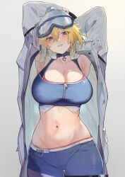 1girl absurdres armpits arms_up beanie black_choker blonde_hair blue_hair blush breasts chadlink chinese_commentary choker cleavage coat commentary commentary_request commission english_commentary girls&#039;_frontline girls&#039;_frontline_2:_exilium goggles goggles_on_head hat highres large_breasts looking_at_viewer mixed-language_commentary mosin-nagant_(girls&#039;_frontline) mosin-nagant_(girls&#039;_frontline_2) navel official_alternate_costume open_clothes open_coat parted_lips pom_pom_(clothes) pom_pom_beanie second-party_source simple_background solo stomach white_background white_coat white_hat