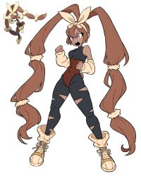 1girl absurdres brown_hair dark-skinned_female dark_skin doodlelotl gen_4_pokemon highres humanization leotard lopunny mega_lopunny mega_pokemon nintendo pantyhose pokemon shoes sneakers torn_clothes torn_pantyhose twintails