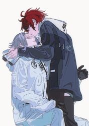 2boys absurdres aotsuki_eito black_gloves black_pants blue_jacket covered_eyes gloves hand_over_another&#039;s_eyes highres hood hoodie invisible_chair jacket kiss kissing_hand male_focus multiple_boys pabitelsafe3 pants parted_lips simple_background sitting sumino_takumi sunglasses the_hundred_line_-last_defense_academy- unworn_eyewear white_background white_hoodie white_jacket white_pants yaoi
