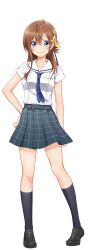 Rule 34 | 1girl, arihara tsubasa, black shoes, black socks, blue eyes, blue necktie, bow, brown hair, cinderella series, closed mouth, full body, hachigatsu no cinderella nine, hair between eyes, hair bow, hand on own hip, highres, kneehighs, loafers, long hair, miniskirt, necktie, no dickey, official art, plaid clothes, plaid skirt, pleated skirt, sailor collar, satogahama school uniform, school uniform, serafuku, shirt, shoes, short sleeves, simple background, skirt, smile, socks, solo, standing, summer uniform, tachi-e, transparent background, white sailor collar, white shirt, yellow bow