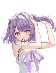 1girl bare_shoulders black_ribbon blush closed_mouth ghost_hair_ornament hair_ornament hair_ribbon hair_tie highres holding holding_own_hair looking_at_viewer mouth_hold oniku_(o29sukizero) purple_hair ribbon shinomiya_runa shinomiya_runa_(1st_costume) simple_background solo two_side_up virtual_youtuber vspo! white_background x_hair_ornament yellow_eyes