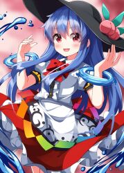 1girl :d black_hat blue_hair blush bow bowtie buttons center_frills commentary_request cowboy_shot food frilled_skirt frills fruit hair_between_eyes hands_up hat hat_ornament highres hinanawi_tenshi hydrokinesis long_hair looking_at_viewer magic open_mouth peach peach_hat_ornament puffy_short_sleeves puffy_sleeves red_bow red_bowtie red_eyes red_skirt ruu_(tksymkw) shirt short_sleeves skirt smile solo standing touhou water white_shirt