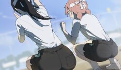 2girls arm_up back black_hair black_shorts blurry blurry_background cheering clenched_hand facing_away from_behind gym_uniform headband koito_yuu lie_lack1080 multiple_girls nanami_touko open_mouth outdoors pink_hair ponytail shirt shirt_tucked_in shoes short_hair short_shorts short_sleeves short_twintails shorts sneakers socks sports_festival sportswear squatting t-shirt twintails white_headband white_shirt white_shoes white_socks yagate_kimi_ni_naru
