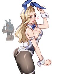 1boy 1girl animal_ear_hairband animal_ears ass bare_shoulders blonde_hair blue_bow blue_bowtie blue_eyes blush blushyspicy bow bowtie cloak_(marvel) cowboy_shot dagger_(marvel) dark-skinned_male dark_skin detached_collar eyes_visible_through_hair fake_animal_ears fake_tail hairband heart highres leotard long_hair looking_at_viewer marvel marvel_rivals pantyhose playboy_bunny rabbit_ear_hairband rabbit_ears rabbit_tail simple_background smile solo_focus strapless strapless_leotard tail white_background white_leotard