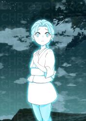 1girl absurdres cloud commentary_request game_screenshot_background ghost hair_intakes hand_on_own_chest highres japanese_clothes java_(jav_romance17) kimono long_hair night night_sky nintendo obi outdoors pokemon pokemon_legends:_arceus ponytail sash screenshot_background sky solo standing star_(sky) too_many_watermarks tree vessa_(pokemon) watermark