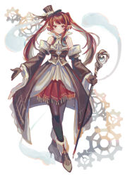 1girl bare_shoulders black_hat black_pantyhose boots brown_boots brown_gloves brown_sleeves closed_mouth commentary fold-over_boots full_body gears gloves hat highres holding holding_staff long_hair long_sleeves looking_at_viewer original pantyhose pointy_ears red_eyes red_hair simple_background solo staff standing suzaku_(zaku6584) top_hat twintails white_background wide_sleeves