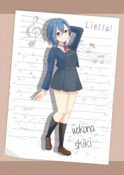 1girl alt_text arm_up black_socks blue_hair blue_jacket blush border breasts brown_border character_name closed_mouth collared_shirt commentary_request cropped_jacket dress dress_shirt english_text full_body highres jacket kneehighs lined_paper long_sleeves looking_at_viewer love_live! love_live!_sunshine!! matsurugi_tsukasa medium_breasts neck_ribbon open_clothes open_jacket orange_eyes pleated_dress red_ribbon ribbon school_uniform shirt short_hair sleeveless sleeveless_dress smile socks solo split_mouth wakana_shiki white_shirt winter_uniform yuigaoka_school_uniform