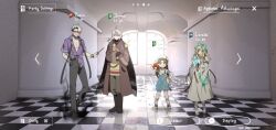 2boys 2girls animal animal_on_shoulder antenna_hair aqua_bow bird bird_on_shoulder black_boots black_cape black_gloves black_necktie black_pants black_shoes blonde_hair blue_dress boots bow brown_coat brown_hair cape character_name checkered_floor coat conch dress english_text fake_screenshot gameplay_mechanics gloves green_eyes grin hair_bow hand_on_own_hip hat hnt_(1177tr1999) holding holding_knife holding_quill holding_shell indoors knife la_source_(reverse:1999) long_dress long_hair lorelei_(reverse:1999) multiple_boys multiple_girls necktie official_alternate_costume pants pavia_(reverse:1999) pink-tinted_eyewear purple_shirt quill reverse:1999 sandals shell shirt shoes short_dress short_hair short_sleeves smile standing storage_pot sunglasses tinted_eyewear tit_(bird) undone_necktie user_interface white_dress white_hair white_hat yellow_shirt zima_(reverse:1999)