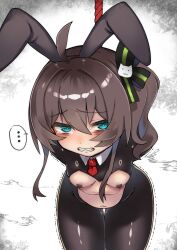 ... 1girl absurdres ahoge alternate_costume animal_ears aqua_eyes arms_behind_back bdsm black_pasties black_ribbon black_shrug blush bondage bound breasts brown_hair clenched_teeth collared_shrug cowboy_shot crotchless embarrassed fake_animal_ears green_ribbon hair_between_eyes hair_ribbon heart_pasties highres hololive johnny_(braun-kan_cafe) latex latex_legwear leaning_forward looking_at_viewer meme_attire natsuiro_matsuri navel necktie pasties pussy_juice rabbit_ears revealing_clothes reverse_bunnysuit reverse_outfit ribbon saliva shrug_(clothing) side_ponytail small_breasts solo spoken_ellipsis suspension tears teeth trembling virtual_youtuber