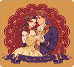 1boy 1girl animification beauty_and_the_beast_(disney) belle_(disney) blonde_hair brown_eyes brown_hair dress elbow_gloves gloves highres jewelry long_hair looking_at_viewer mizala ponytail prince_adam_(disney) smile yellow_dress