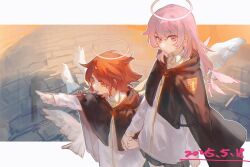 2girls :d arknights black_cape cape chinese_commentary chromatic_aberration closed_mouth collared_shirt commentary_request dated detached_wings exusiai_(arknights) grey_halo hair_between_eyes halo highres hood hood_down lemuen_(arknights) light_smile long_hair long_sleeves looking_at_viewer maplebyebye multiple_girls open_mouth orange_eyes orange_hair outline outstretched_arm pink_eyes pink_hair pink_halo pointing pointing_forward shirt short_hair siblings sisters smile standing traditional_halo white_outline white_shirt wings yellow_halo