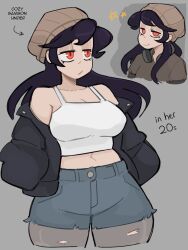 1girl aged_up bare_shoulders collarbone filia_(skullgirls) hat l_solaria navel red_eyes samson_(skullgirls) shorts skullgirls standing stomach