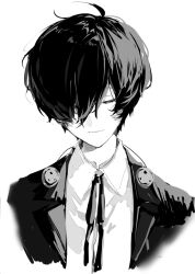 1boy ayuko_1018 closed_eyes closed_mouth collared_shirt hair_over_one_eye highres jacket male_focus monochrome necktie persona persona_3 shirt short_hair simple_background smile solo upper_body white_background yuuki_makoto_(persona_3)